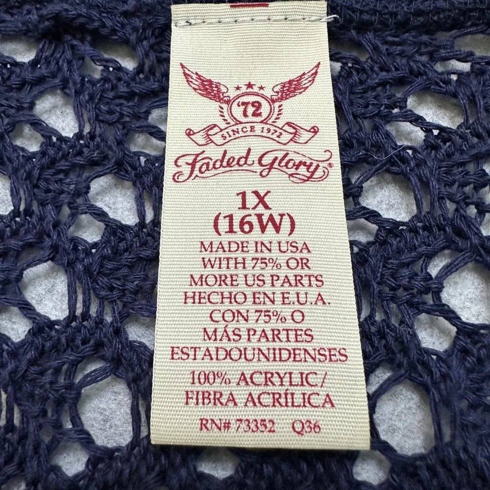 Faded Glory Blue Crochet Knit‎ Fringe Cardigan Size 1X 16W Boho Coastal Festival